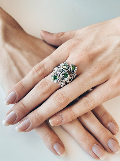 Rambling Rose Ring in Green Diamond