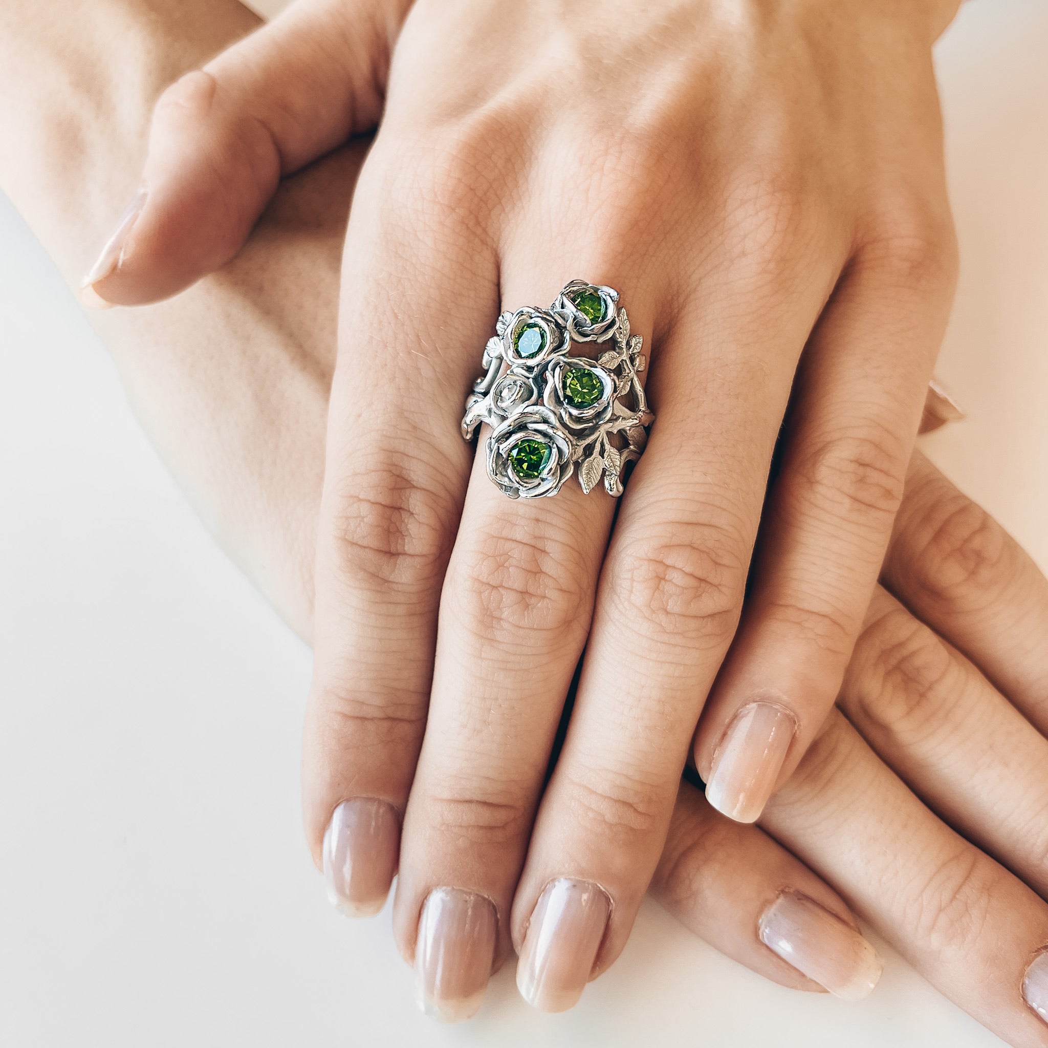 Rambling Rose Ring in Green Diamond