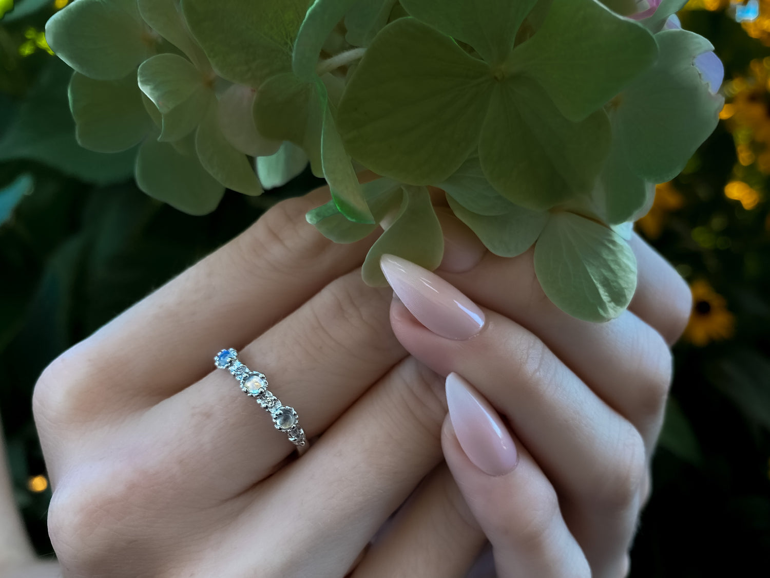 Silver Treasure Band Moonstone and Lab Diamond Milgrain Stacking Band