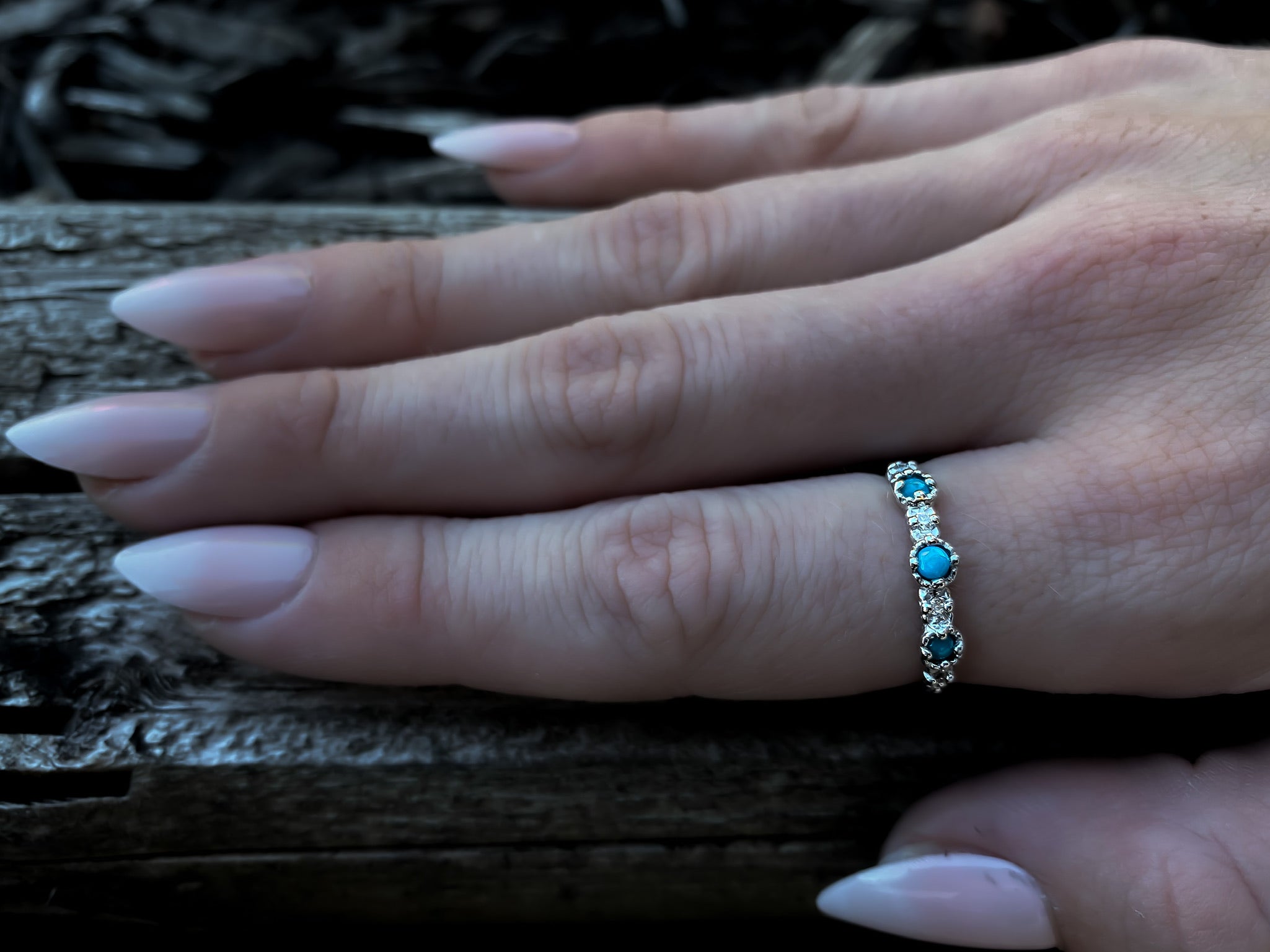 Silver Treasure Band Turquoise and Lab Diamond Milgrain Stacking Band