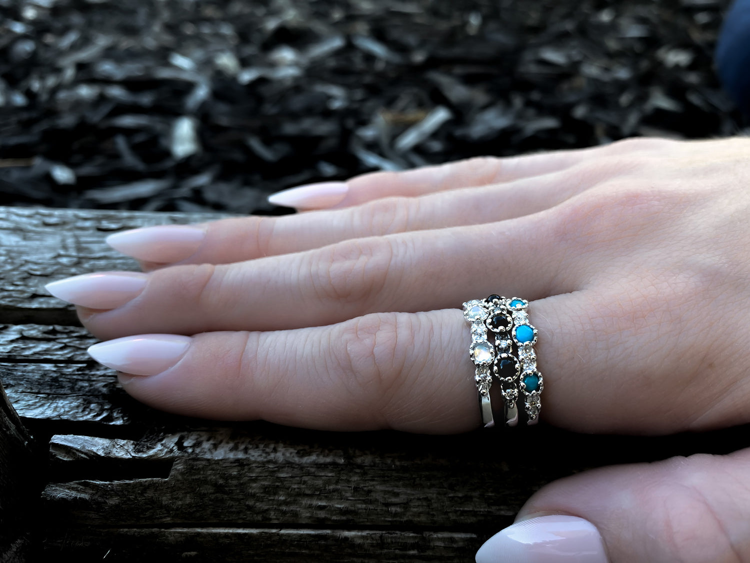 Silver Treasure Band Turquoise and Lab Diamond Milgrain Stacking Band