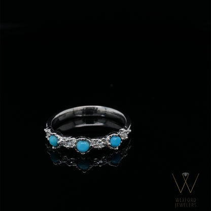 Silver Treasure Band Turquoise and Lab Diamond Milgrain Stacking Band