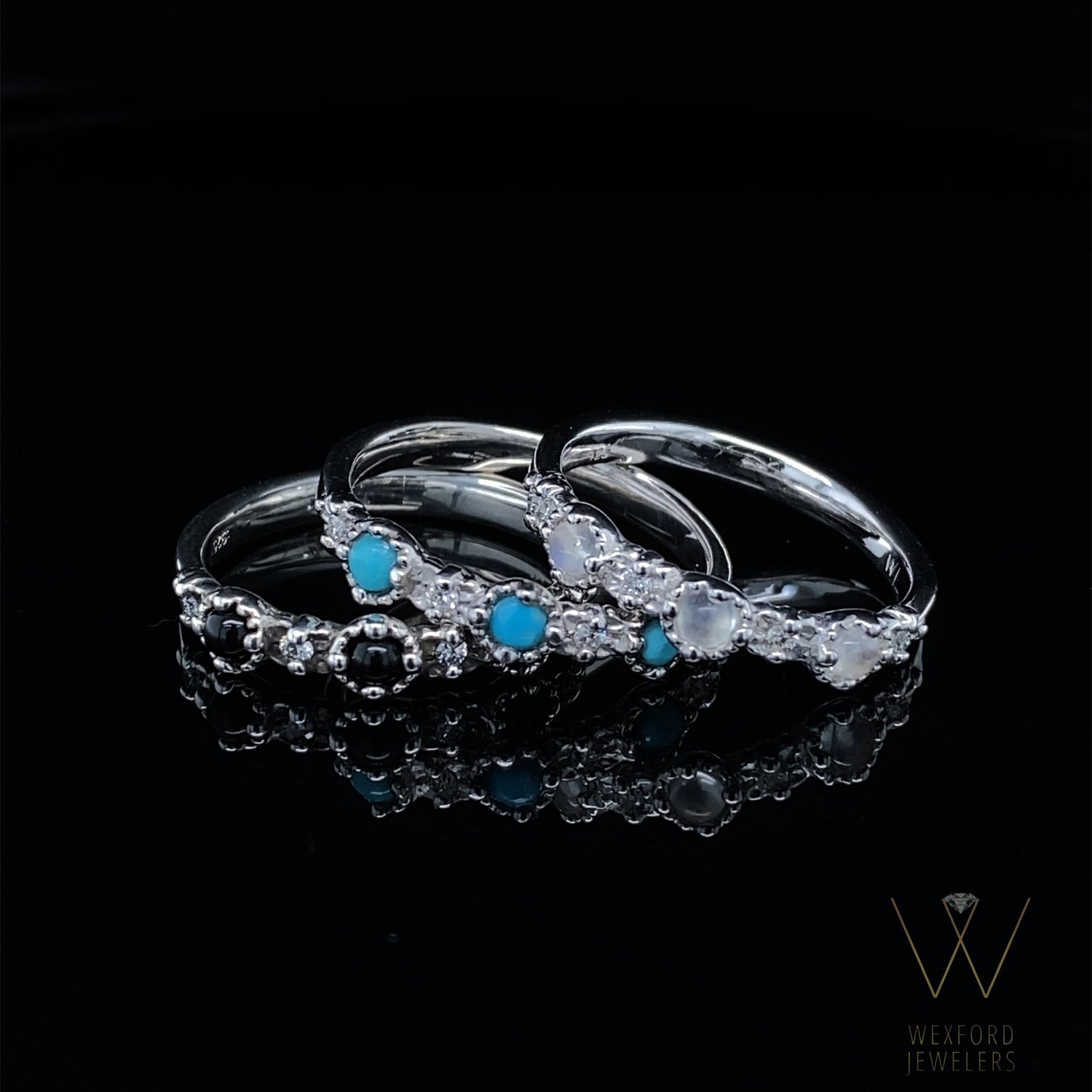 Silver Treasure Band Turquoise and Lab Diamond Milgrain Stacking Band