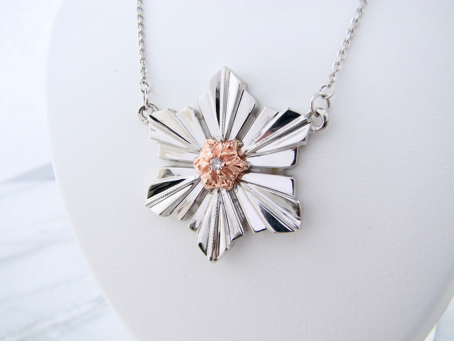 art-deco-silver-snowflake-rose-gold-diamond-split-chain-necklace-wexford-jewelers