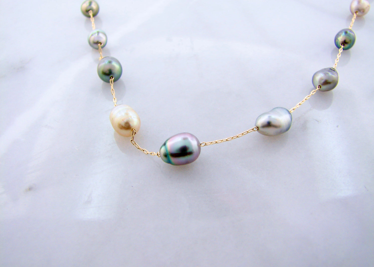 4.5-5.5mm 19 Tahitian Kesh Pearl 14K Yellow Gold 18&quot; Pearl Necklace