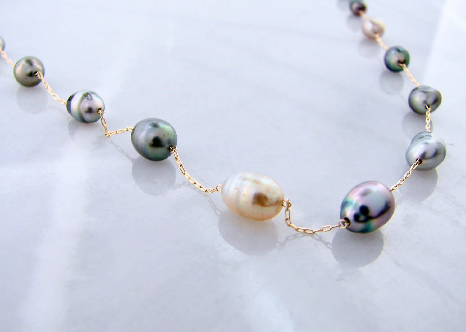 4.5-5.5mm 19 Tahitian Kesh Pearl 14K Yellow Gold 18&quot; Pearl Necklace