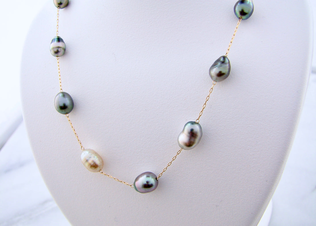 4.5-5.5mm 19 Tahitian Kesh Pearl 14K Yellow Gold 18&quot; Pearl Necklace