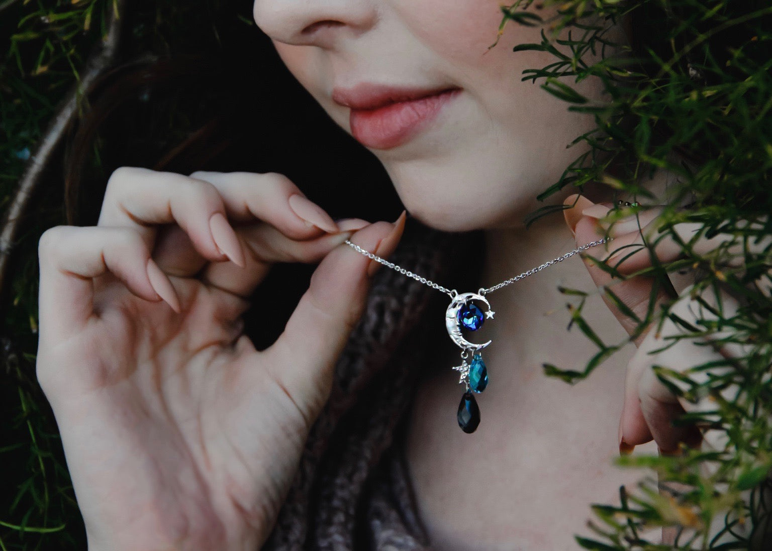 Abalone Moon Necklace with blue goldstone gems and swarovski crystals – Shop