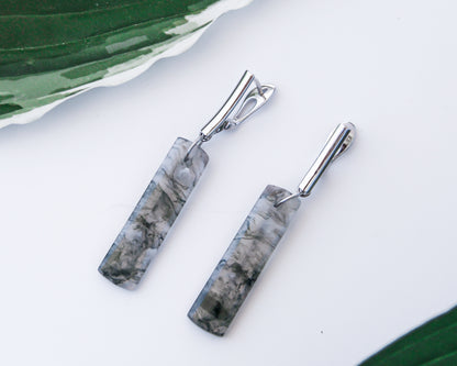 Green Moss Agate Dangle Monolith Silver Earrings