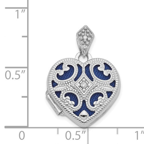 White gold blue enamel locket w/chain