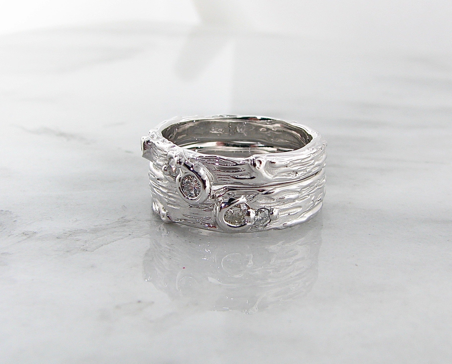 Silver Diamond Ring, Birch Engagement Set