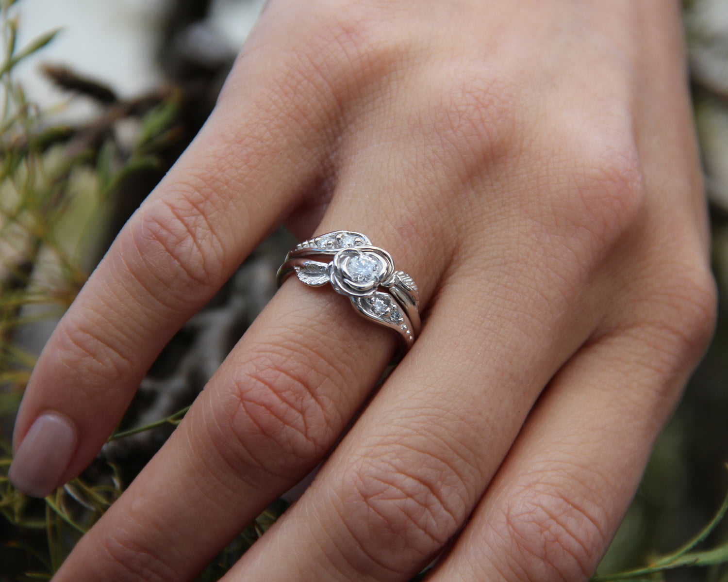 Diamond White Gold Wedding Ring Set, Prize Tea Rose