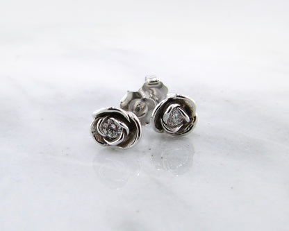 Diamond Silver Petite Rose Earring Studs