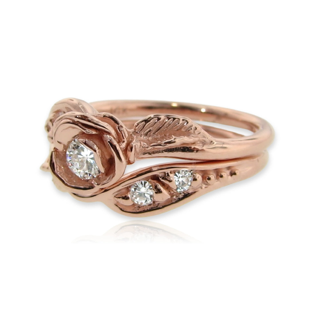 Prize Tea Rose Wedding Set, Rose Gold and Moissanite