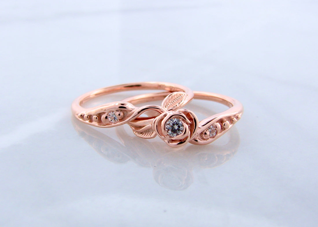 Moissanite Rose Gold Wedding Set, Tea Rose
