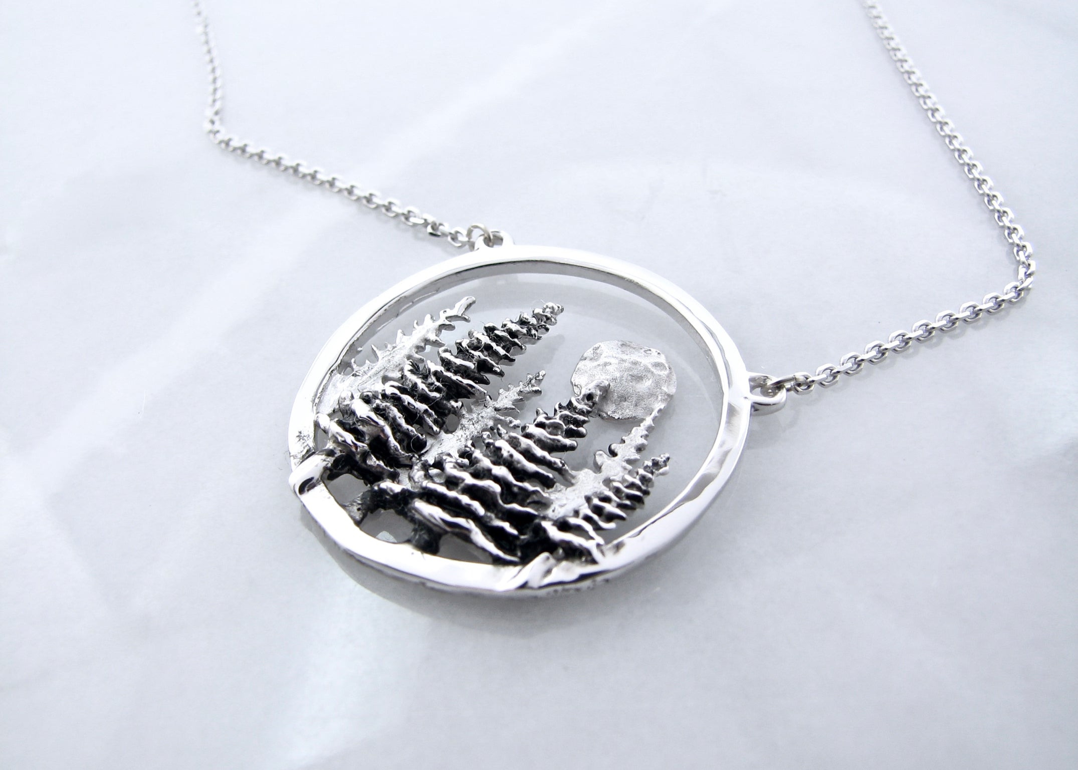 Silver Split Chain Necklace, Pine Moon Landscape Antique Finish