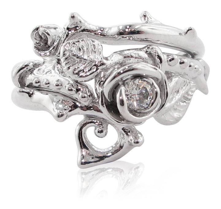 Silver Diamond Wedding Ring Set, Thorned Rose