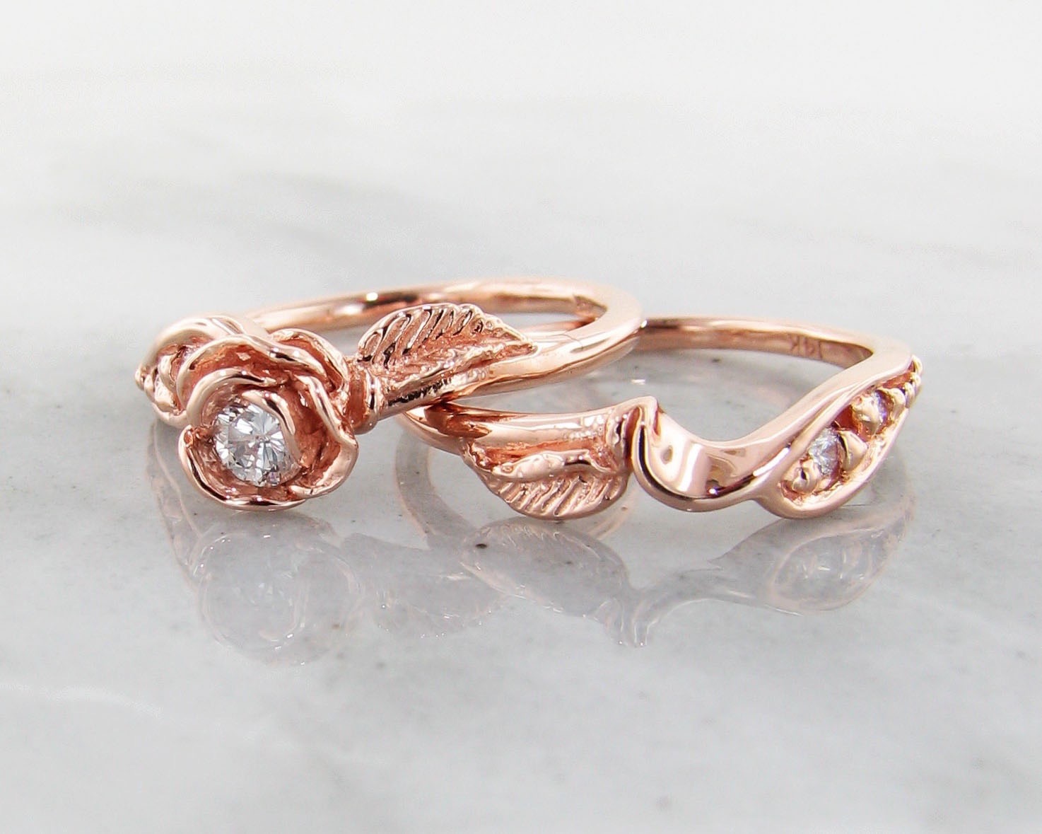 Diamond Rose Gold Wedding Ring Set, Prize Tea Rose