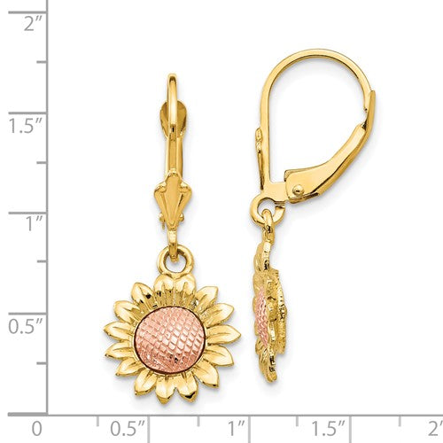 14k Two-tone Polished Sunflower Dangle Leverback Earrings