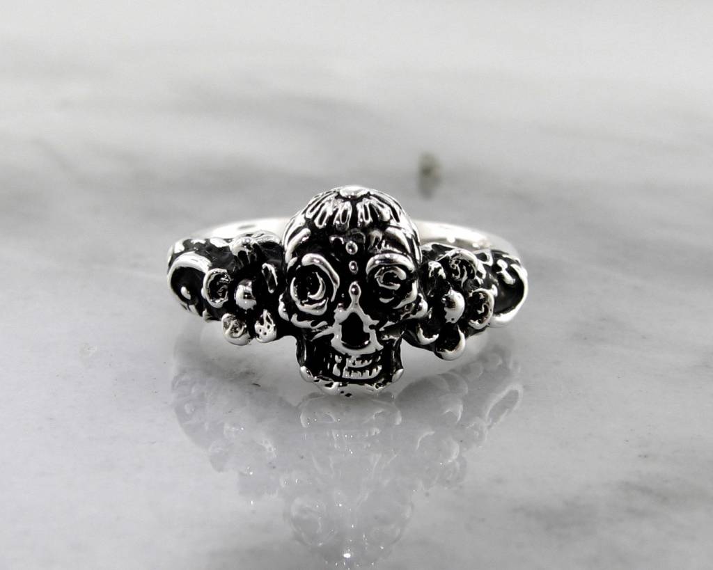 Calavera Sugar Skull Daisy Silver Ring