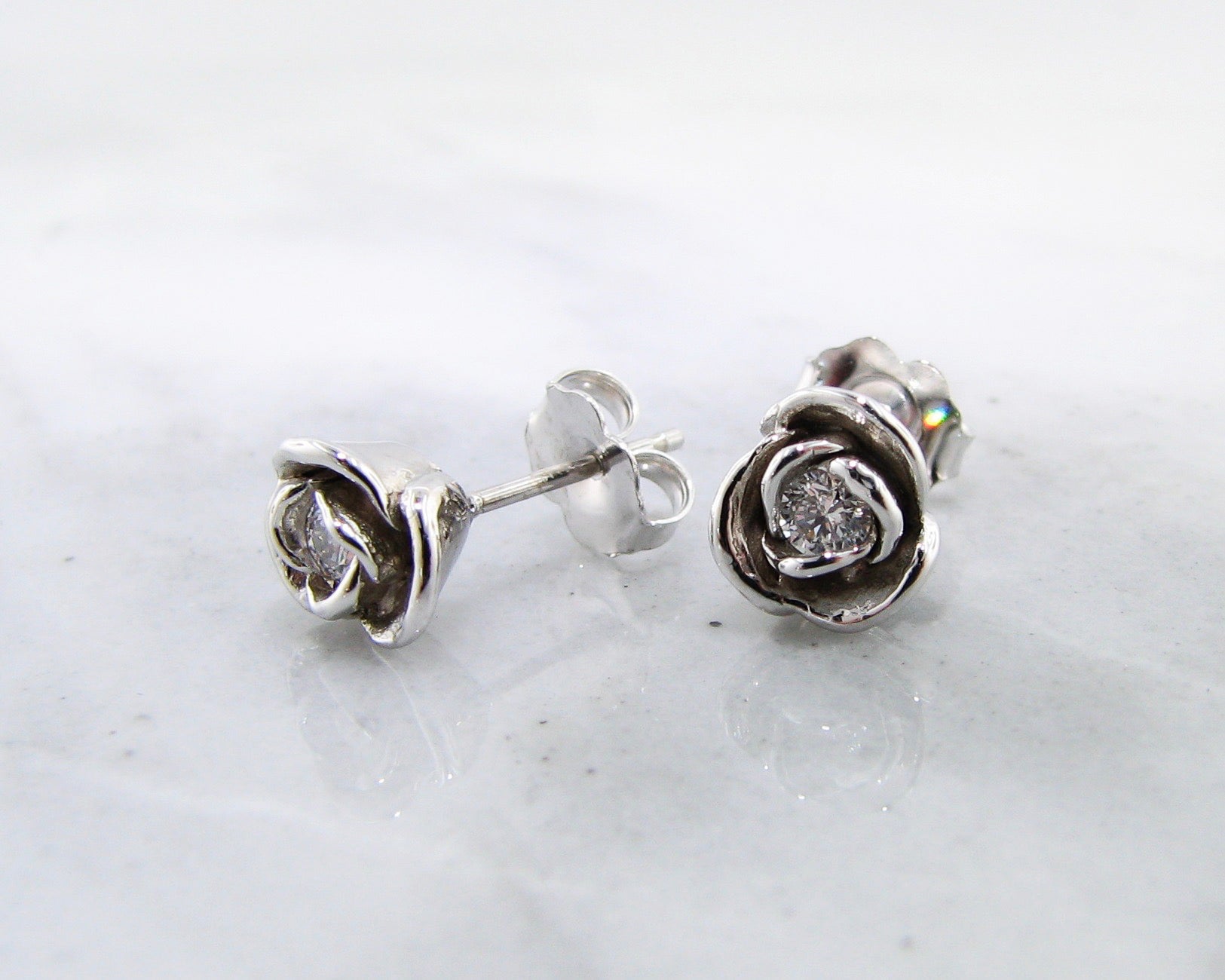 Diamond Silver Petite Rose Earring Studs