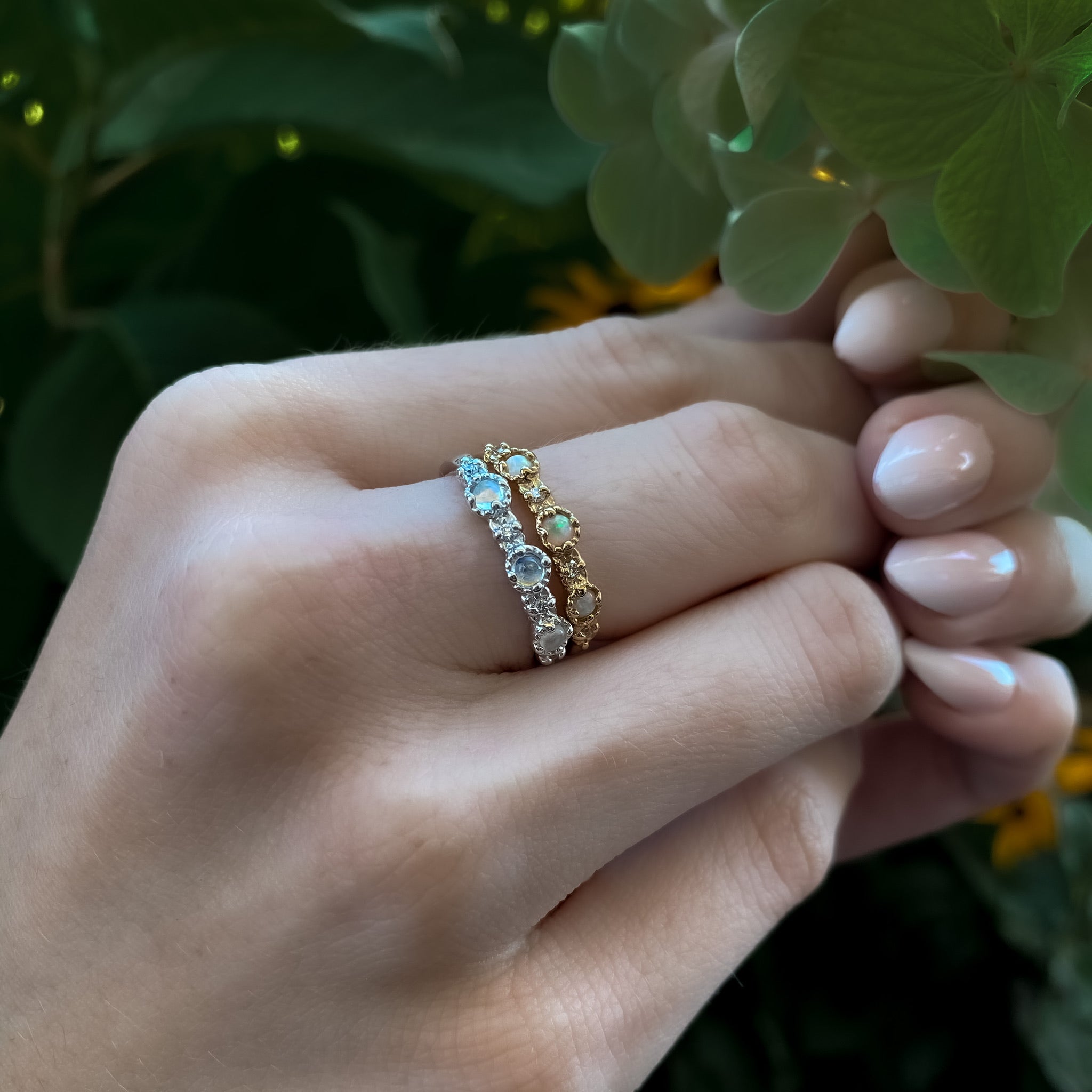 Silver Treasure Band Moonstone and Lab Diamond Milgrain Stacking Band