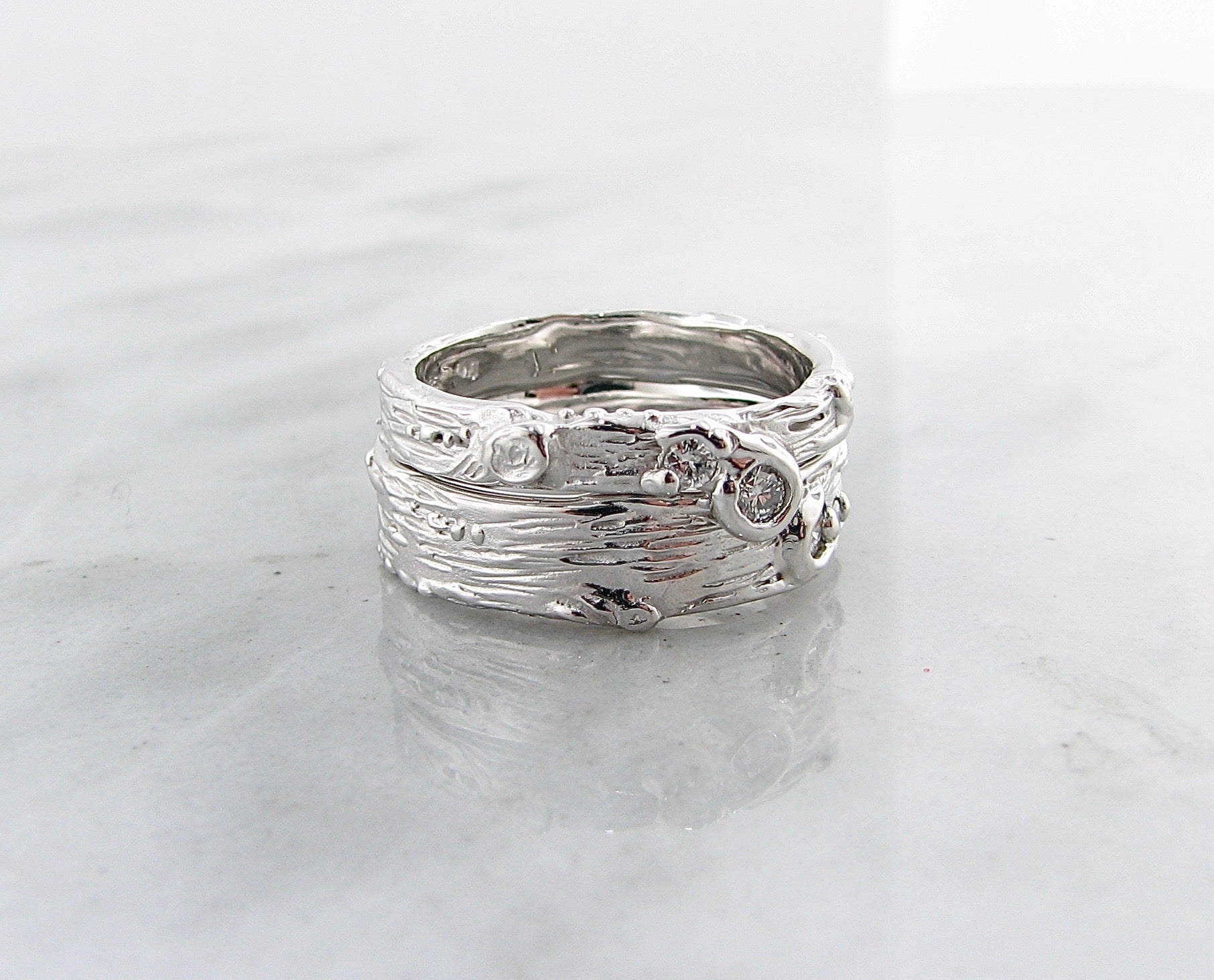 Silver Diamond Ring, Birch Engagement Set