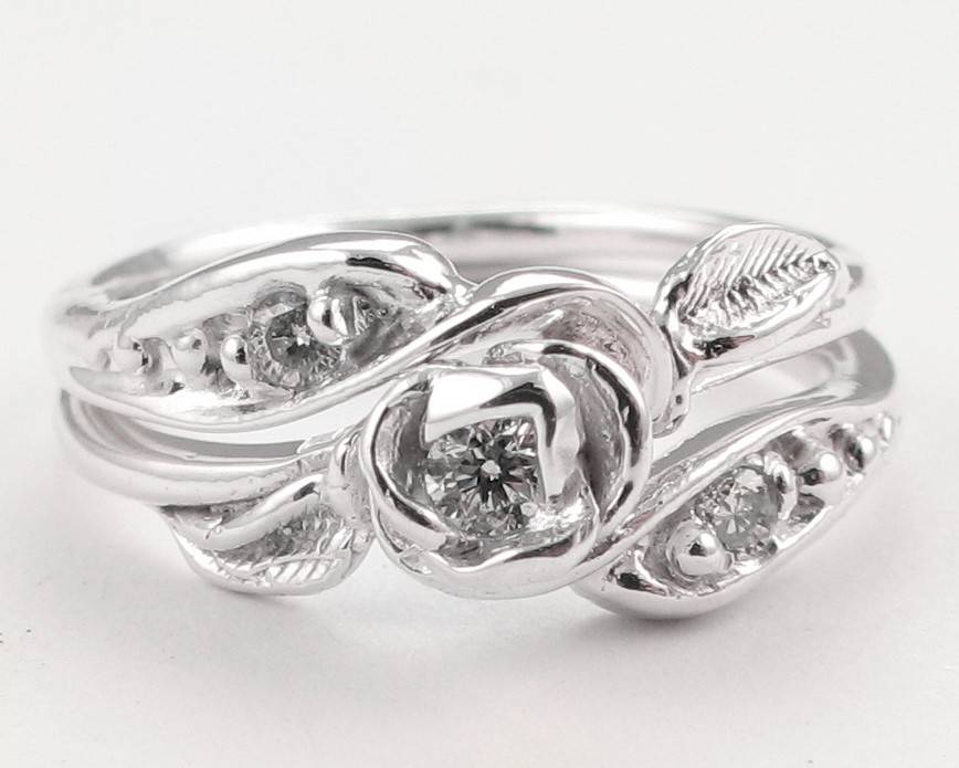 Diamond Silver Wedding Ring Set, Tea Rose