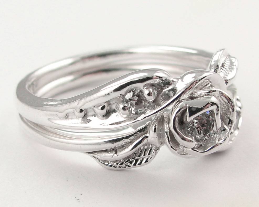 Diamond Silver Wedding Ring Set, Tea Rose