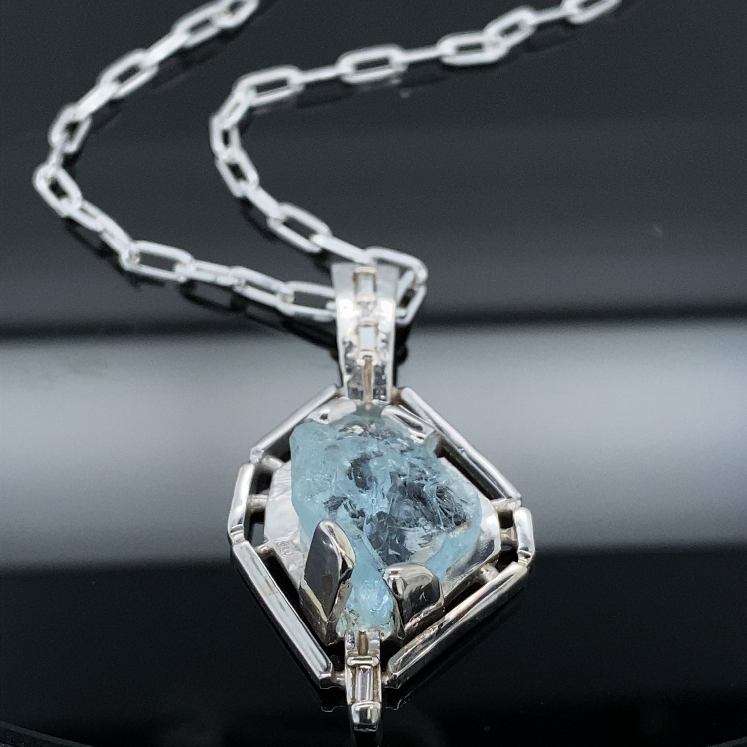 7.8ct AQ .11ct dia Clear Springs Raw Aquamarine and Diamond Pendant