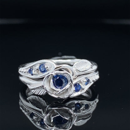 Prize Tea Rose Wedding Set Sterling Silver and Blue Lab Sapphire