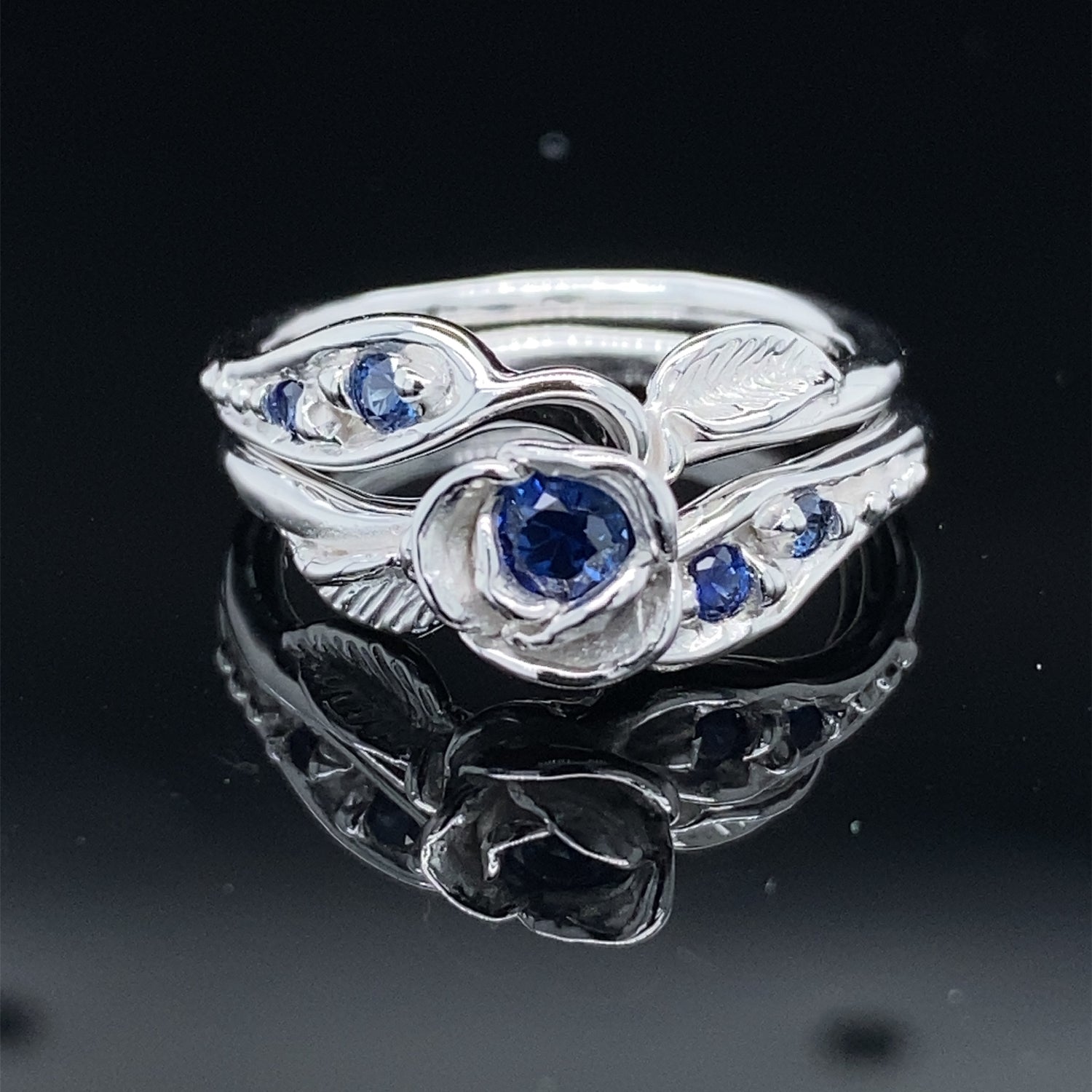 Prize Tea Rose Wedding Set Sterling Silver and Blue Lab Sapphire
