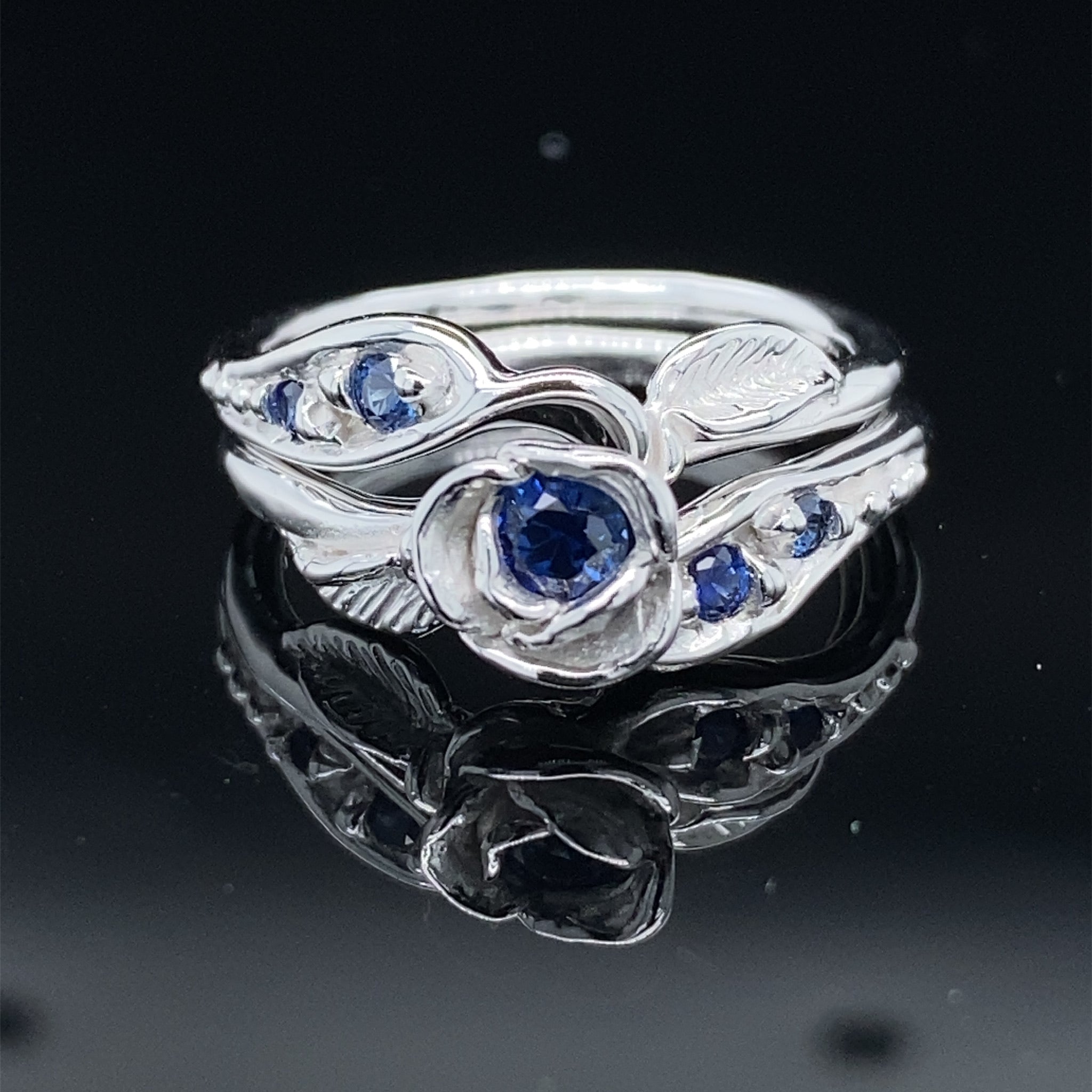 Prize Tea Rose Wedding Set Sterling Silver and Blue Lab Sapphire