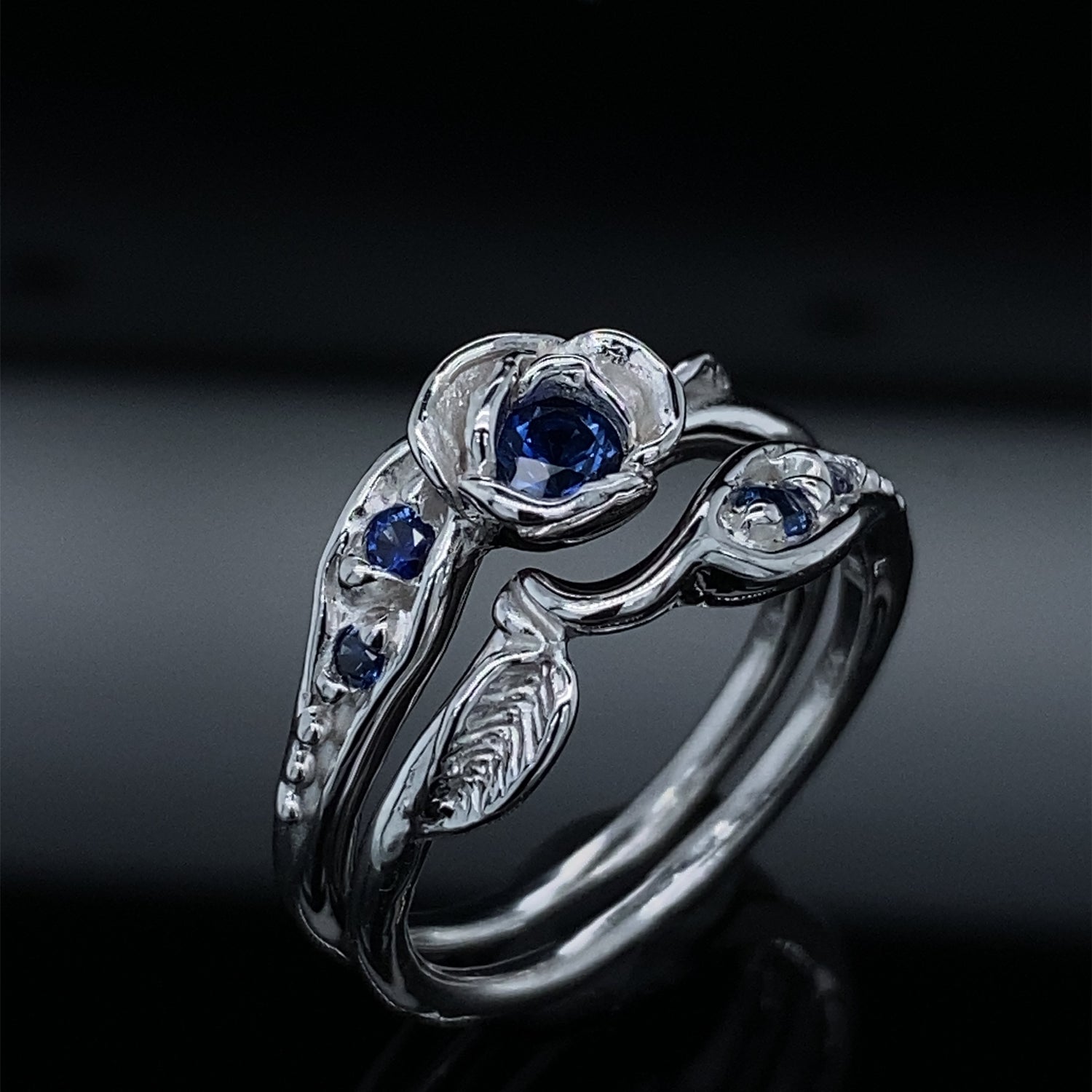 Prize Tea Rose Wedding Set Sterling Silver and Blue Lab Sapphire