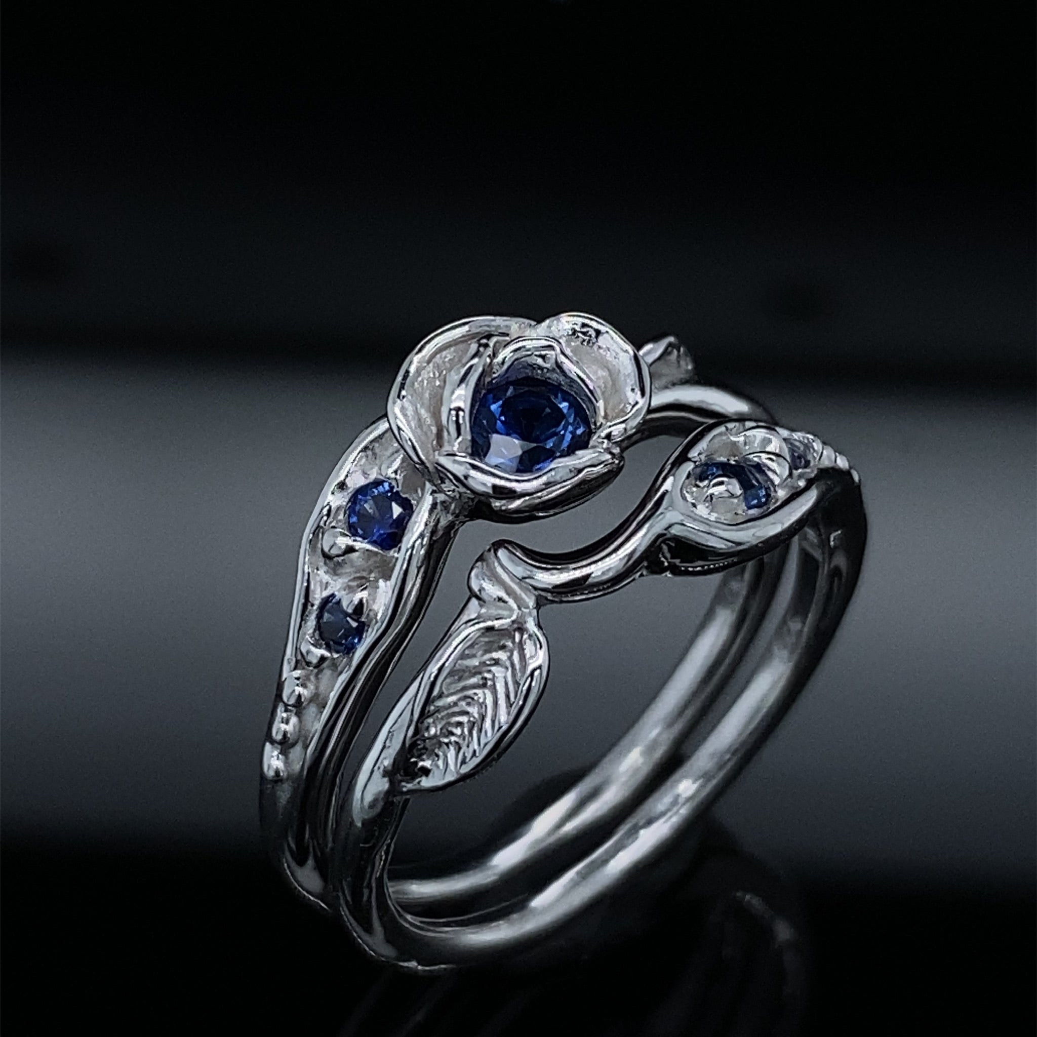 Prize Tea Rose Wedding Set Sterling Silver and Blue Lab Sapphire