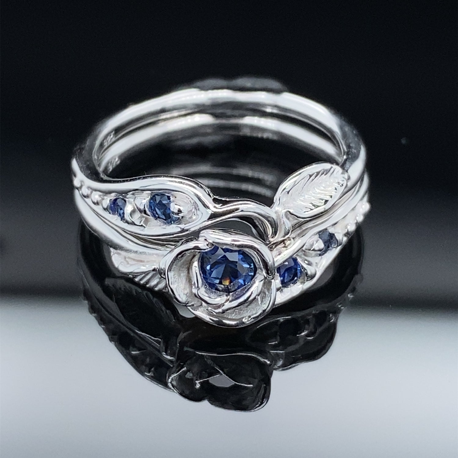 Prize Tea Rose Wedding Set Sterling Silver and Blue Lab Sapphire