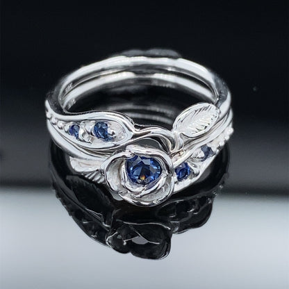 Prize Tea Rose Wedding Set Sterling Silver and Blue Lab Sapphire