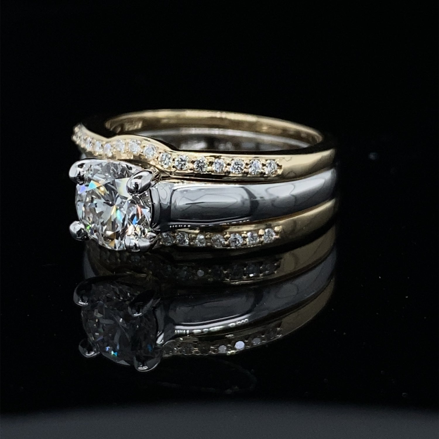 1.15ct / 1.39TDW Double Bands 3 Piece Two Tone Wedding Set