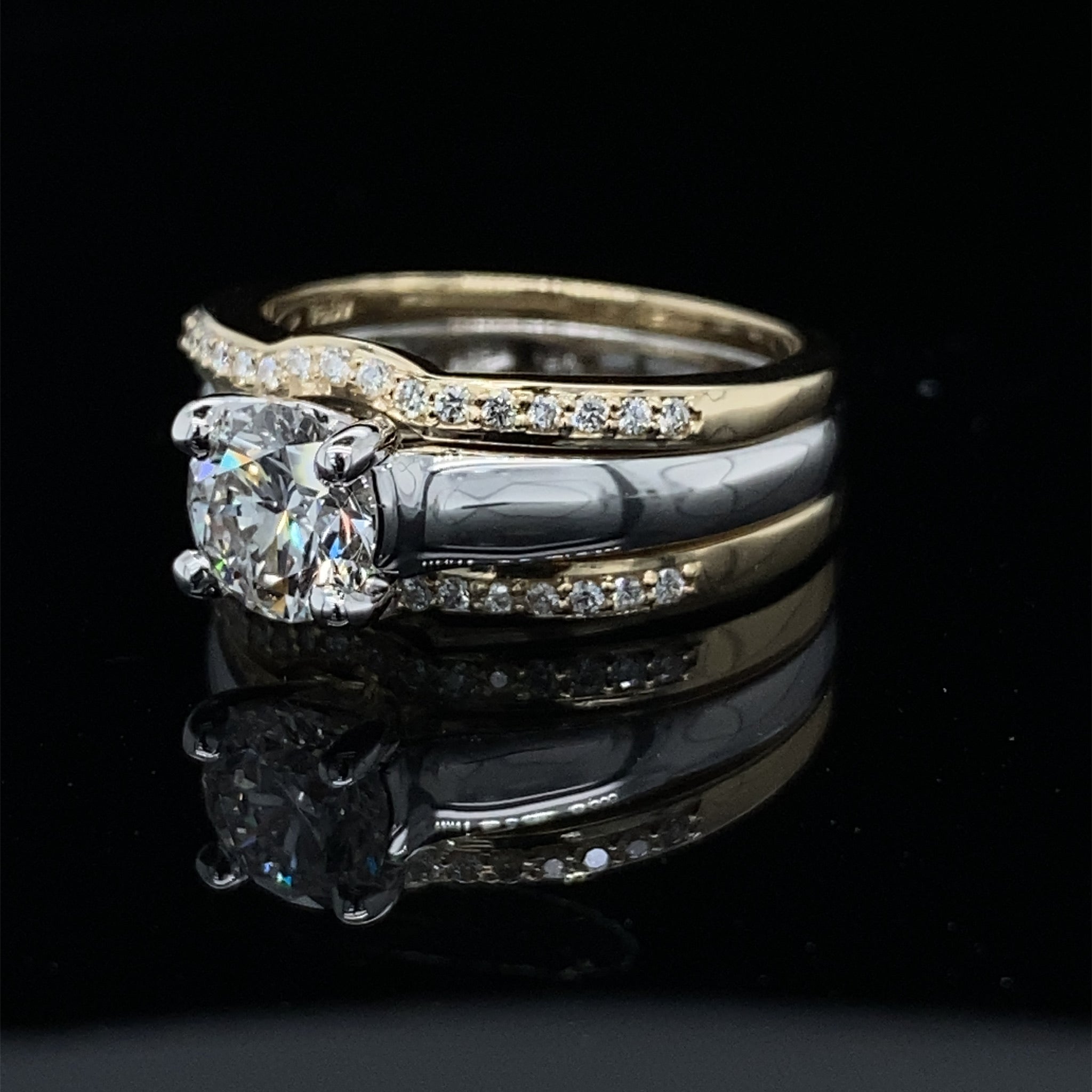 1.15ct / 1.39TDW Double Bands 3 Piece Two Tone Wedding Set