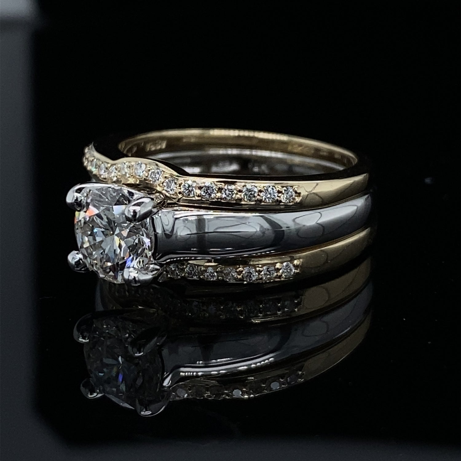 1.15ct / 1.39TDW Double Bands 3 Piece Two Tone Wedding Set