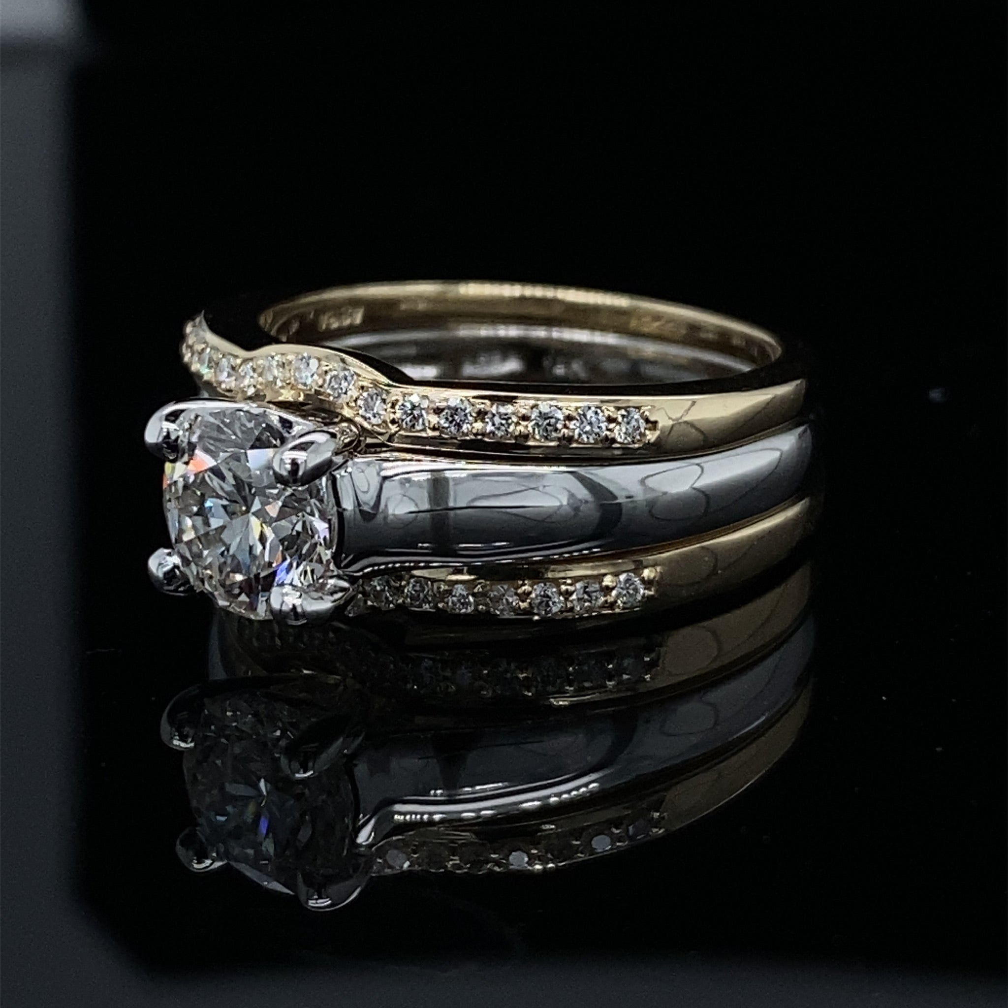 1.15ct / 1.39TDW Double Bands 3 Piece Two Tone Wedding Set