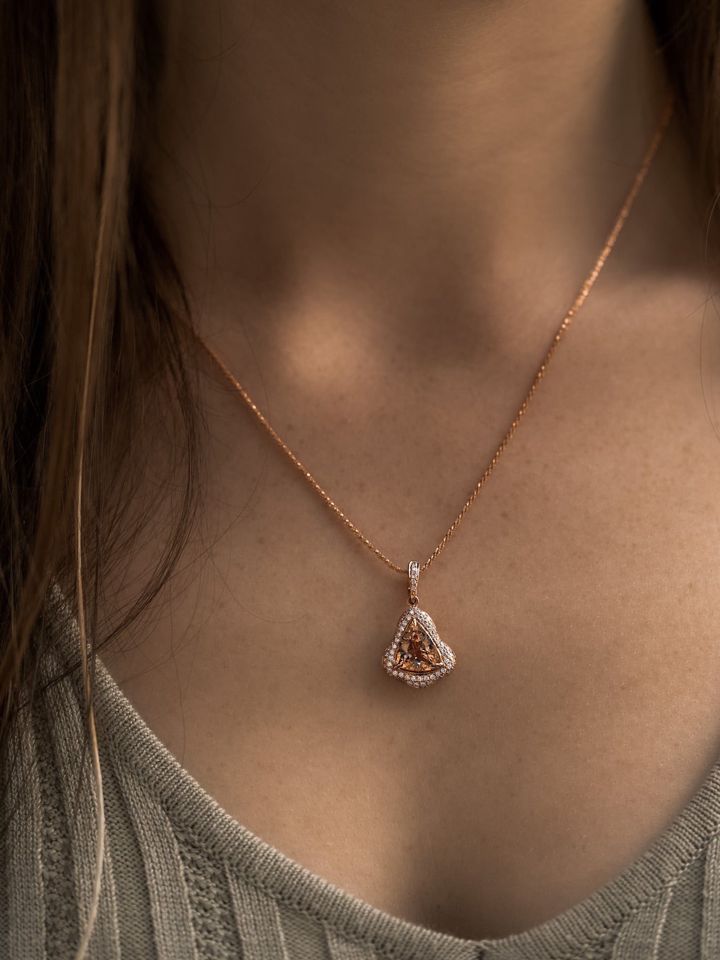 Blushing Morganite Rose Gold Diamond Trillion Pendant