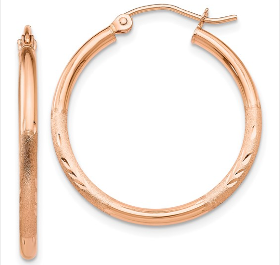 14k Rose Gold Lightweight Satin Diamond Cut Hoop Earrings