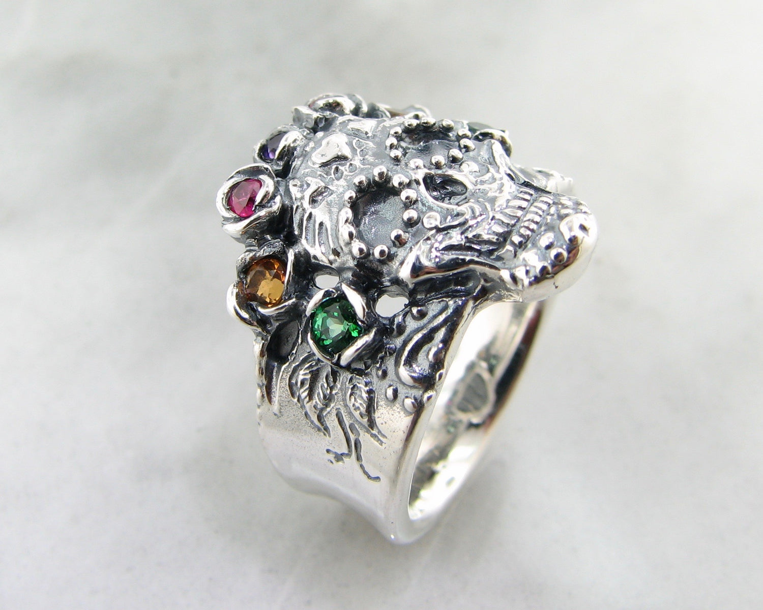 Silver Multi Gemstone Ring, Sugar Skull Calavera Crown