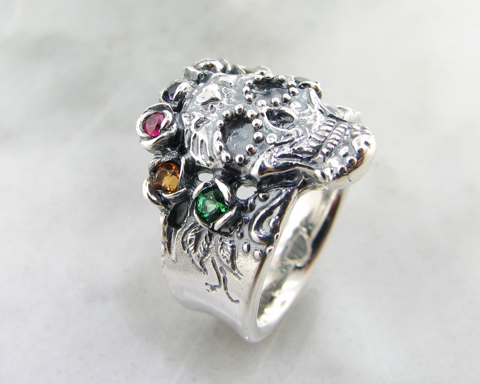 Silver Multi Gemstone Ring, Sugar Skull Calavera Crown