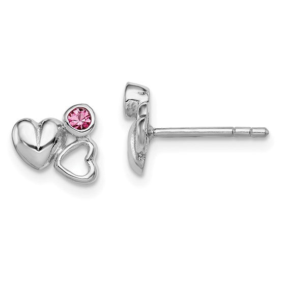 Silver Double Heart Earrings With Pink Stones