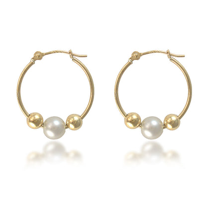 14K Yellow Gold Hoops with Gold Ball &amp; Pearl Beads