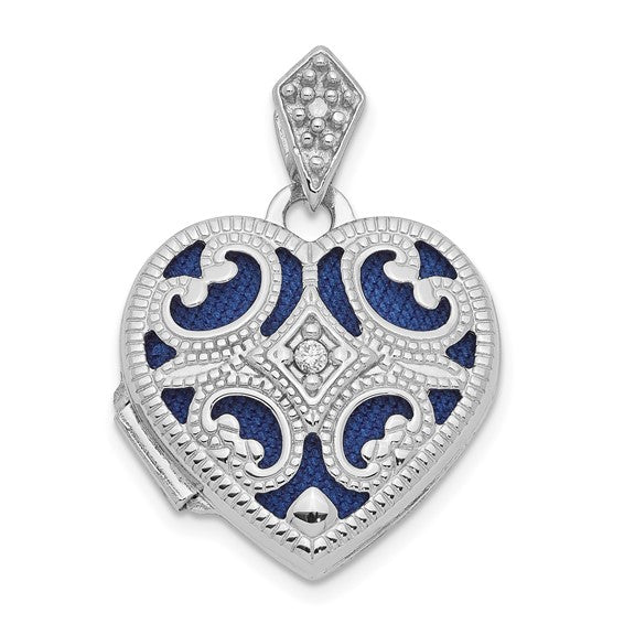 White gold blue enamel locket w/chain