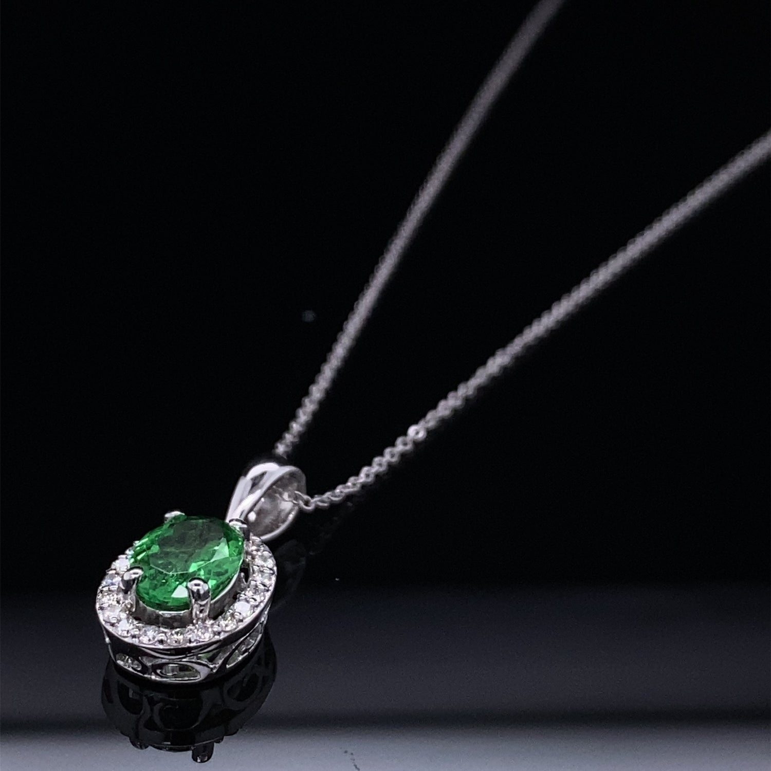 Grassy Green Tsavorite Garnet Halo Necklace