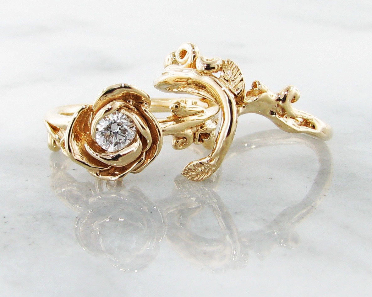 Diamond Yellow Gold Wedding Set, Rose Garland